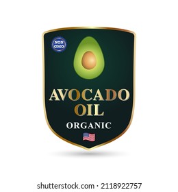 Emblema para aceite de aguacate. Vocado maduro con pozo. Concepto de etiqueta o emblema para productores de aceite de aguacate no gmo 