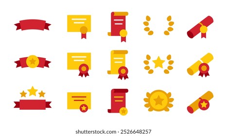 Conjunto de emblemas y premios. Conjunto de elogio, cinta, marco, laurel, adorno, decoración, certificado, diploma. Premios y Bonos Iconos establecidos. Color rojo y dorado. Forma de estrella. Aislado