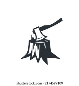 Emblem of an ax stuck in a stump. Design element.
