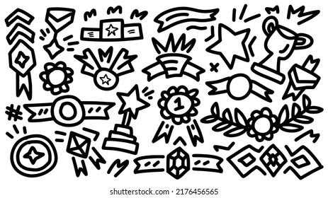 emblem and badge award or achievement icon set hand drawn doodle outline vector template illustration collection for education and coloring book