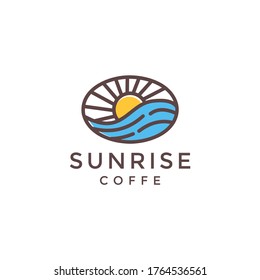 Emblem badge coffee with sunrise illustration template. flat style design isolated on white background