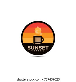 Emblem badge coffee with sunset illustration template. flat style design isolated on white background