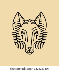 Emblem, badge with fox head. Ribbon, motto, Laurel wreath, bow, arrows, sword style engraving linear design for premium logo or coat of arms. Fox with  crown is the symbol  of nobility and flexibility