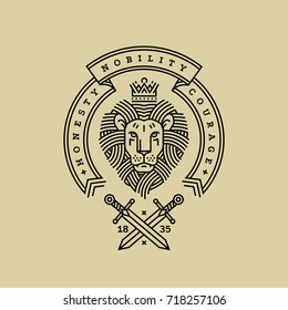 Emblem, badge with a head of royal lion, ribbon, motto and swords in the style of engraving of linear design for a premium logo or coat of arms. Lion with a crown symbol of power, strength, security.