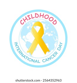 Emblem, badge for international childhood cancer day with yellow cancer ribbon. Vector illustration. Isolated on white.