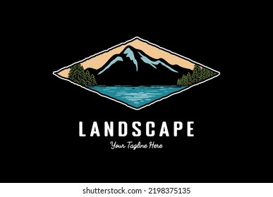 Emblem Badge Mountain Pine Evergreen Conifer Fir Trees Forest with Lake River Creek for Outdoor Adventure Rafting Kayaking Canoe T Shirt Logo Design