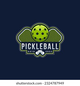 Emblem badge Pickleball club logo design, pickleball racket and ball icon vector on white background