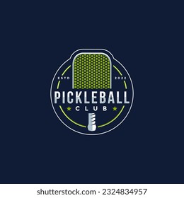 Emblem badge Pickleball club logo design, pickleball racket icon vector on white background