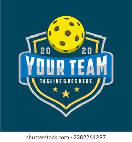 Emblem badge Pickleball club logo design, shield and ball icon vector on background