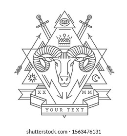 Emblem, badge with a ram head in the style of linear engravings, armorial symbols. in the style of linear engravings, armored symbols.  Coat of arms, heraldry. Aries zodiac sign.