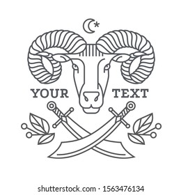 Emblem, badge with a ram head in the style of linear engravings, armorial symbols. in the style of linear engravings, armored symbols.  Coat of arms, heraldry. Aries zodiac sign.