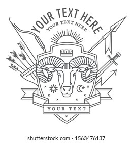 Emblem, badge with a ram head in the style of linear engravings, armorial symbols. In the style of linear engravings.  Coat of arms, heraldry. Aries zodiac sign. 