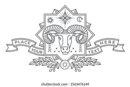 Emblem, badge with a ram head in the style of linear engravings, armorial symbols. In the style of linear engravings.  Coat of arms, heraldry. Aries zodiac sign. 