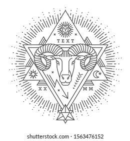 Emblem, badge with a ram head in the style of linear engravings, armorial symbols. in the style of linear engravings, armored symbols.  Coat of arms, heraldry. Aries zodiac sign.