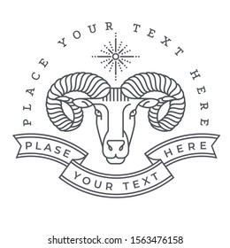 Emblem, badge with a ram head in the style of linear engravings, armorial symbols. In the style of linear engravings.  Coat of arms, heraldry. Aries zodiac sign. 
