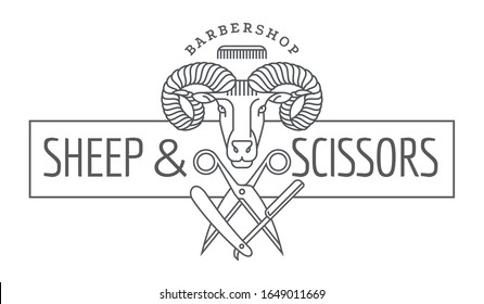 Emblem, badge with ram head in style of linear engravings, armorial symbols, Coat of arms, heraldry. The head of a RAM with scissors and a razor is a sign for a barbershop, a men's salon, Barber shop.