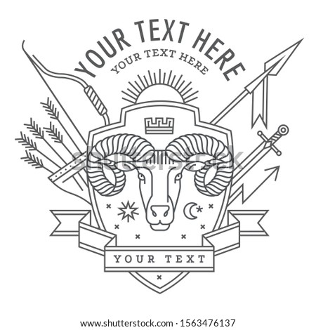 Emblem, badge with a ram head in the style of linear engravings, armorial symbols. In the style of linear engravings.  Coat of arms, heraldry. Aries zodiac sign. 