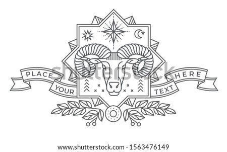 Emblem, badge with a ram head in the style of linear engravings, armorial symbols. In the style of linear engravings.  Coat of arms, heraldry. Aries zodiac sign. 