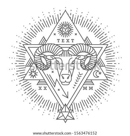 Emblem, badge with a ram head in the style of linear engravings, armorial symbols. in the style of linear engravings, armored symbols.  Coat of arms, heraldry. Aries zodiac sign.
