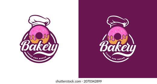 emblem badge stamp sticker bakery logo design with donut and chef hat