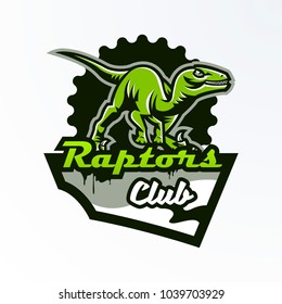 Emblem, badge, sticker, dinosaur logo on the hunt. Predator Jurassic, a dangerous beast, an extinct animal, a mascot. Lettering, shield, print. Vector illustration