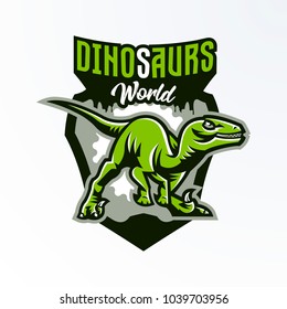 Emblem, badge, sticker, dinosaur logo on the hunt. Predator Jurassic, a dangerous beast, an extinct animal, a mascot. Lettering, shield, print. Vector illustration