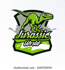 Emblem, badge, sticker, dinosaur logo on the hunt. Predator Jurassic, a dangerous beast, an extinct animal, a mascot. Lettering, shield, print. Vector illustration