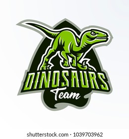 Emblem, badge, sticker, dinosaur logo on the hunt. Predator Jurassic, a dangerous beast, an extinct animal, a mascot. Lettering, shield, print. Vector illustration
