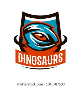 Emblem, badge, sticker, logo of the dinosaur eyes. A look of a dangerous beast, a predator of the Jurassic period, an extinct animal, a mascot. Lettering, shield, printing. Vector illustration