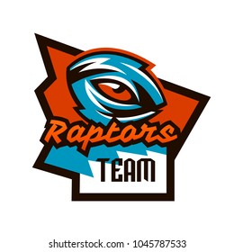 Emblem, badge, sticker, logo of the dinosaur eyes. A look of a dangerous beast, a predator of the Jurassic period, an extinct animal, a mascot. Lettering, shield, printing. Vector illustration