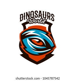 Emblem, badge, sticker, logo of the dinosaur eyes. A look of a dangerous beast, a predator of the Jurassic period, an extinct animal, a mascot. Lettering, shield, printing. Vector illustration