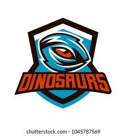 Emblem, badge, sticker, logo of the dinosaur eyes. A look of a dangerous beast, a predator of the Jurassic period, an extinct animal, a mascot. Lettering, shield, printing. Vector illustration