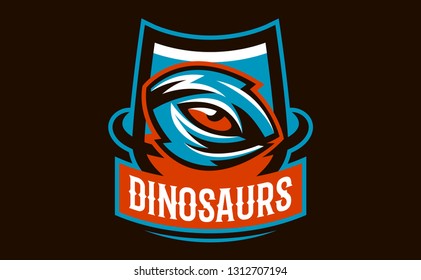 Emblem, badge, sticker, logo of the dinosaur eyes. A look of a dangerous beast, a predator of the Jurassic period, an extinct animal, a mascot. Lettering, shield, printing. Vector illustration