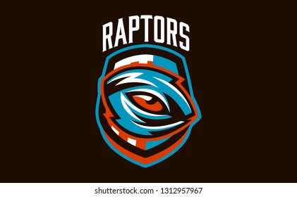 Emblem, badge, sticker, logo of the dinosaur eyes. A look of a dangerous beast, a predator of the Jurassic period, an extinct animal, a mascot. Lettering, shield, printing. Vector illustration