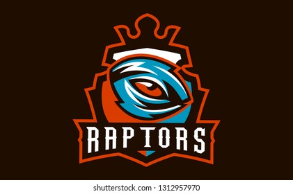 Emblem, badge, sticker, logo of the dinosaur eyes. A look of a dangerous beast, a predator of the Jurassic period, an extinct animal, a mascot. Lettering, shield, printing. Vector illustration