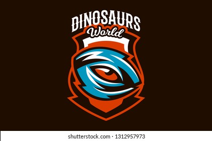Emblem, badge, sticker, logo of the dinosaur eyes. A look of a dangerous beast, a predator of the Jurassic period, an extinct animal, a mascot. Lettering, shield, printing. Vector illustration