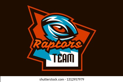 Emblem, badge, sticker, logo of the dinosaur eyes. A look of a dangerous beast, a predator of the Jurassic period, an extinct animal, a mascot. Lettering, shield, printing. Vector illustration