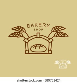 Emblem of  bakery shop. Fresh bread and wheat spikes. Oven for baking soft tack. Line logo store 