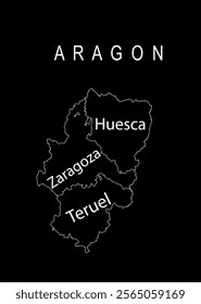 Emblem banner of Autonomous community Aragon map line contour vector silhouette illustration isolated on black. Spain territory include Zaragoza map, Huesca Silhouette, Teruel shape. Europe, EU.