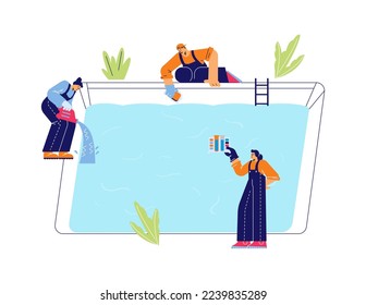 Emblem or banner backdrop for Pool cleaning service, flat cartoon vector illustration isolated on white background. Pool maintenance service workers cleaning a pool.