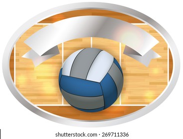 An Emblem And Banner Containing A Volleyball And Court Illustration. Room For Copy. Vector EPS 10. EPS File Contains Transparencies.