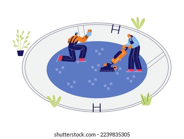 Emblem oder Banner-Design-Hintergrund für die Reinigung und Reparatur Pool-Service mit Arbeiter-Zeichen, flache Cartoon-Vektorgrafik einzeln auf weißem Hintergrund.