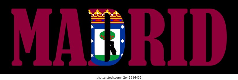 Emblem banner Spain capital city Madrid flag symbol vector illustration isolated. Patriotic sign of town in Europe, EU. Travel trip souvenir Madrid sticker. Tourists T shirt print stamp.