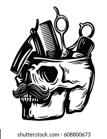 emblem barber skull silhouette vector on white background