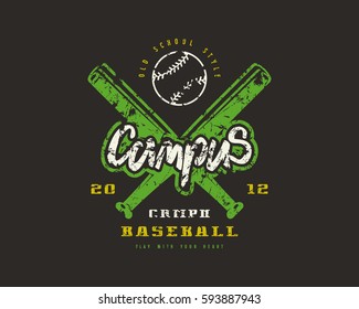 Emblem of baseball campus team. Graphic design for t-shirt. Color print on black background