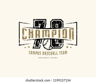 Emblem of baseball champion team with vintage texture for sticker and t-shirt design. Color print on white background