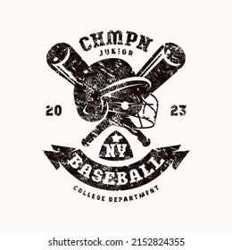 Emblem of baseball championship. Graphic design for t-shirt. Black print with rough retro texture on white background
