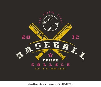 Emblem of baseball championship. Graphic design for t-shirt. Color print on black background