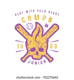 Emblem of baseball championship with image of skull. Graphic design for t-shirt. Color print on white background