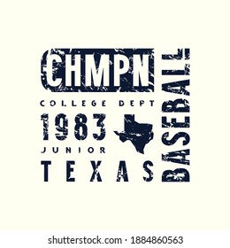Emblem of baseball championship in Texas. Graphic design with vintage texture for t-shirt. Black print on white background